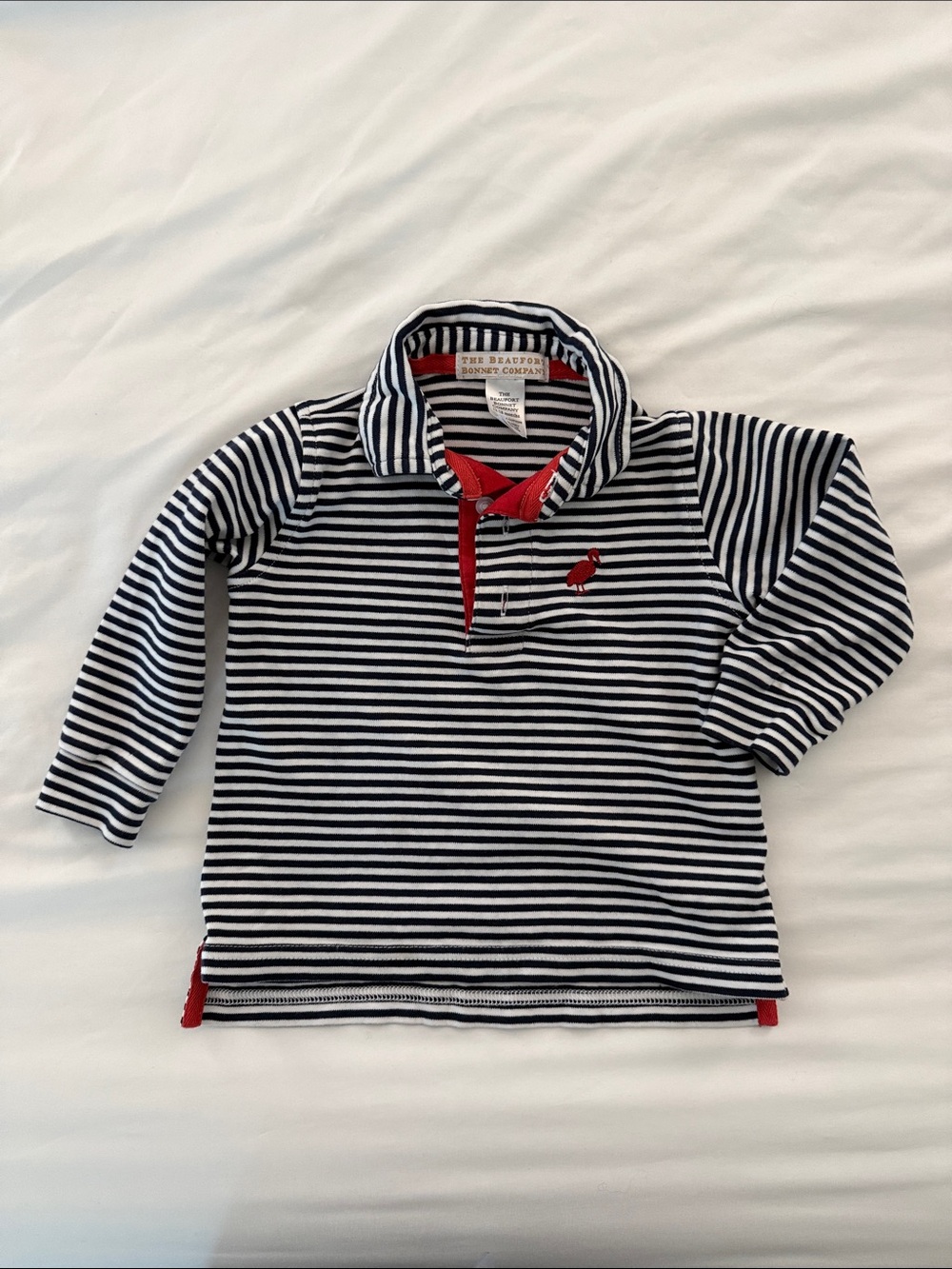 Striped Long-Sleeve Polo Top with Red Accent - Kids